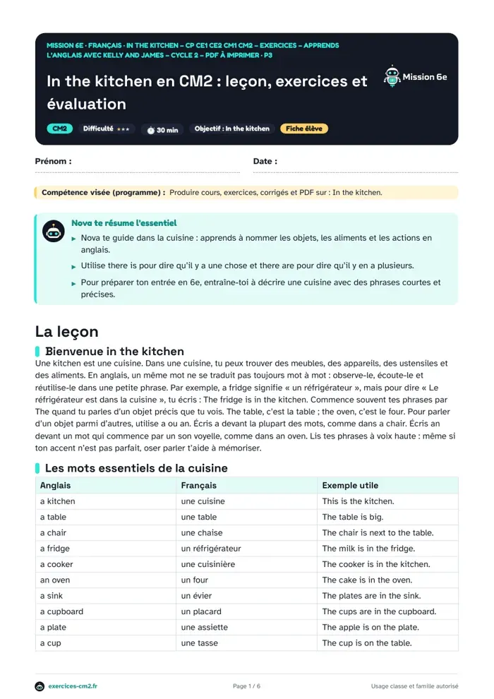 Aperçu du PDF à imprimer : In the kitchen en CM2 : leçon, exercices et évaluation