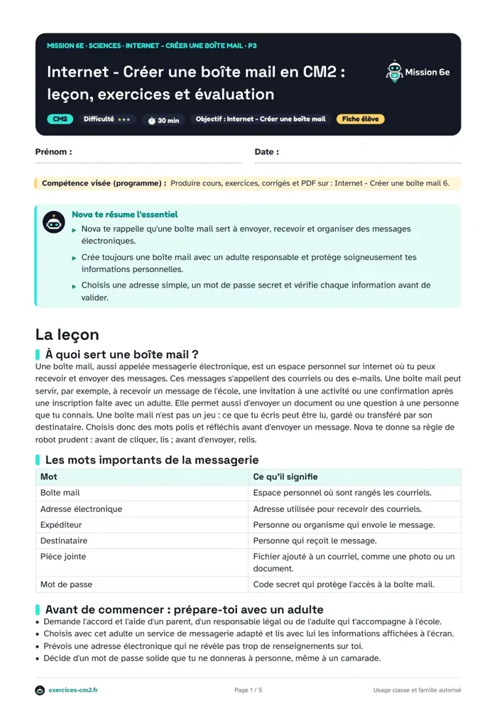 Aperçu du PDF à imprimer : Créer une boîte mail en CM2 : adresse, mot de passe et premier courriel