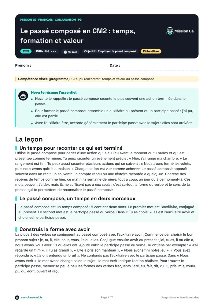 Aperçu du PDF à imprimer : Le passé composé en CM2 : temps, formation et valeur