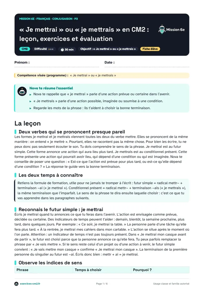 Aperçu du PDF à imprimer : « Je mettrai » ou « je mettrais » en CM2 : leçon, exercices et évaluation