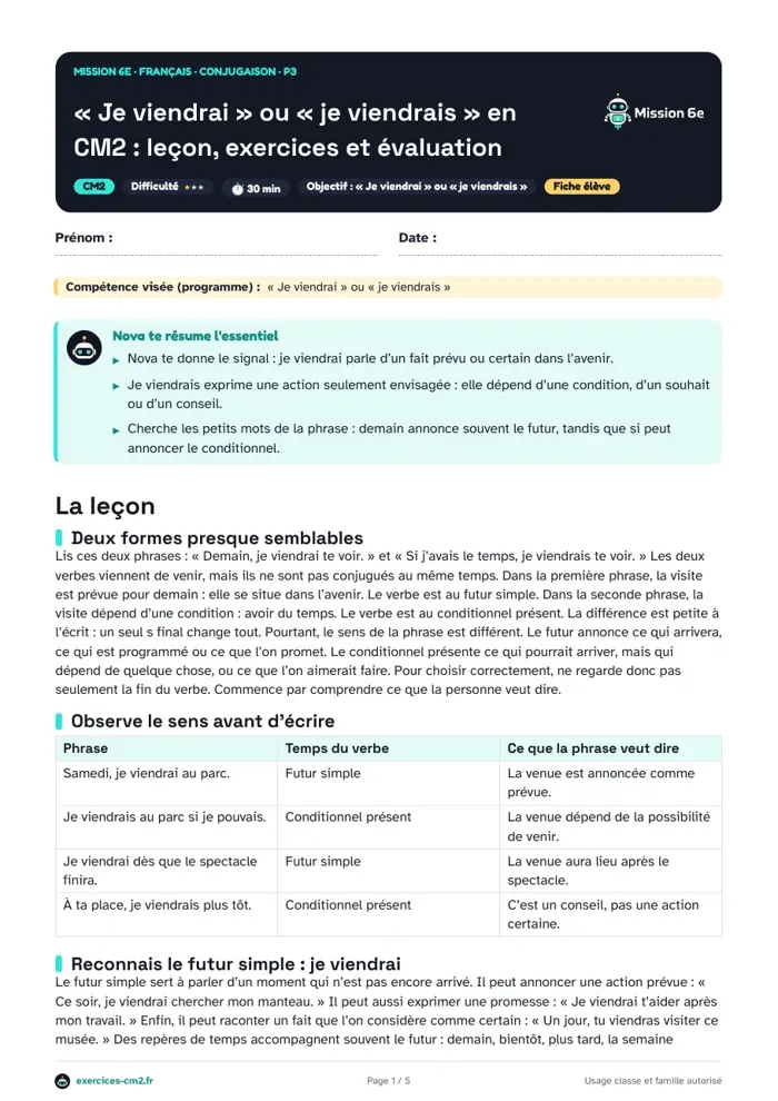 Aperçu du PDF à imprimer : « Je viendrai » ou « je viendrais » en CM2 : leçon, exercices et évaluation