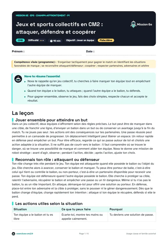 Aperçu du PDF à imprimer : Jeux et sports collectifs en CM2 : attaquer, défendre et coopérer