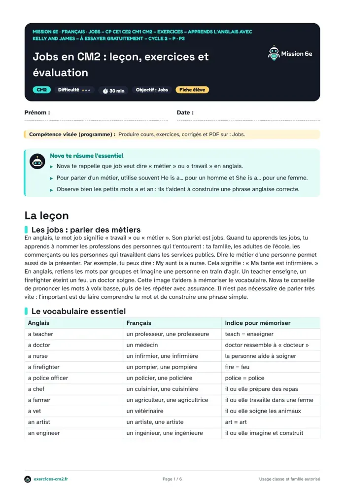 Aperçu du PDF à imprimer : Jobs en CM2 : leçon, exercices et évaluation