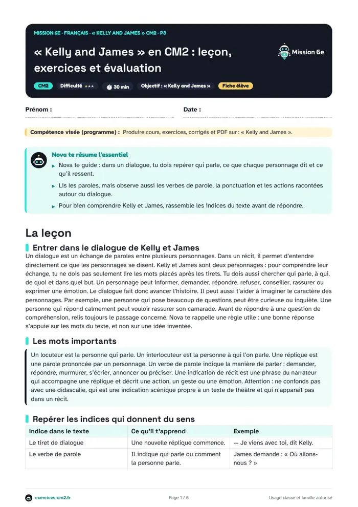 Aperçu du PDF à imprimer : « Kelly and James » en CM2 : leçon, exercices et évaluation
