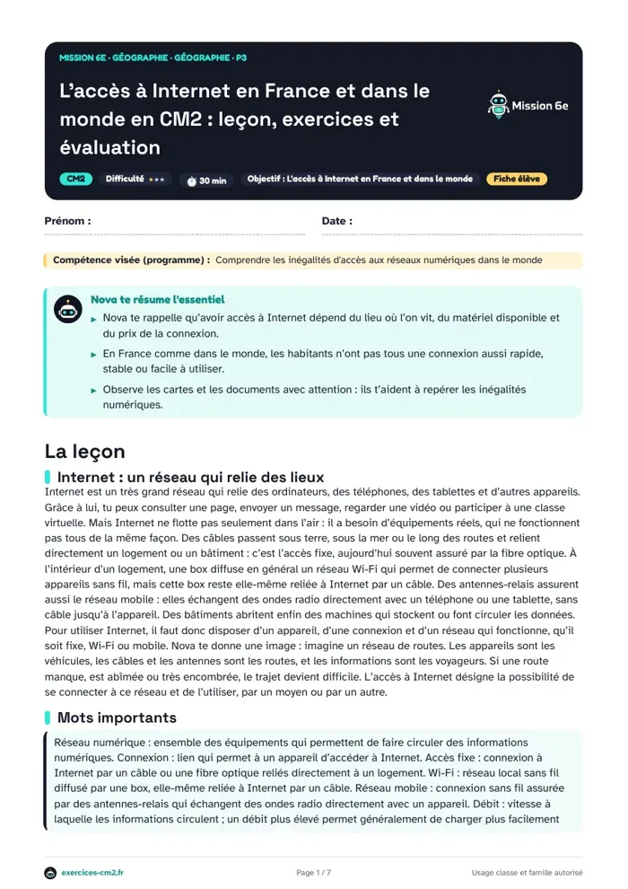 Aperçu du PDF à imprimer : L'accès à Internet en France et dans le monde en CM2 : leçon, exercices et évaluation