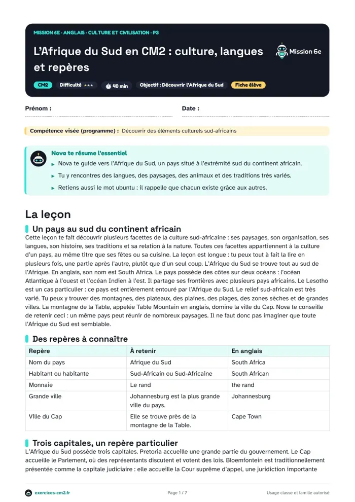 Aperçu du PDF à imprimer : L’Afrique du Sud en CM2 : culture, langues et repères