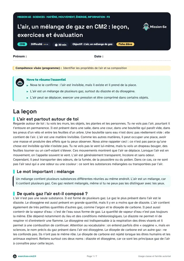 Aperçu du PDF à imprimer : L'air, un mélange de gaz en CM2 : leçon, exercices et évaluation
