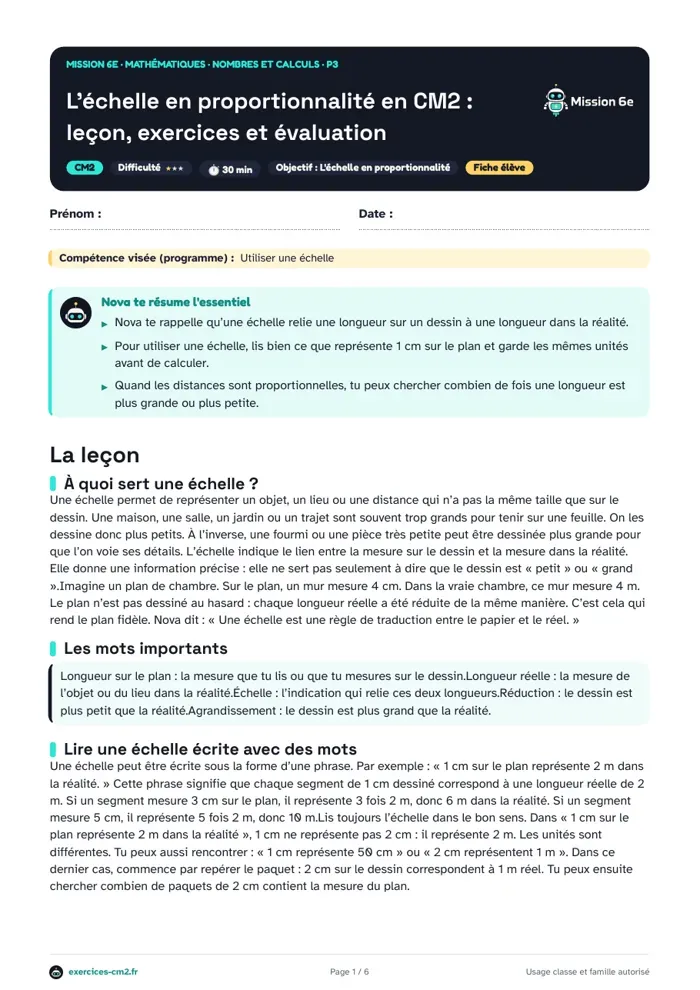 Aperçu du PDF à imprimer : L'échelle en proportionnalité en CM2 : leçon, exercices et évaluation