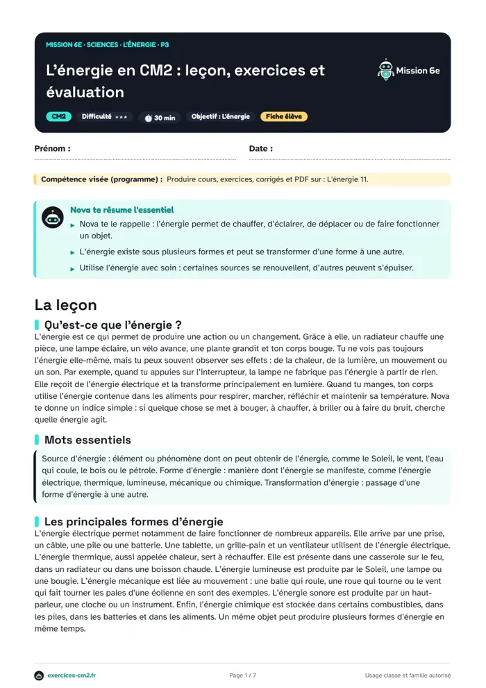 Aperçu du PDF à imprimer : L'énergie en CM2 : leçon, exercices et évaluation