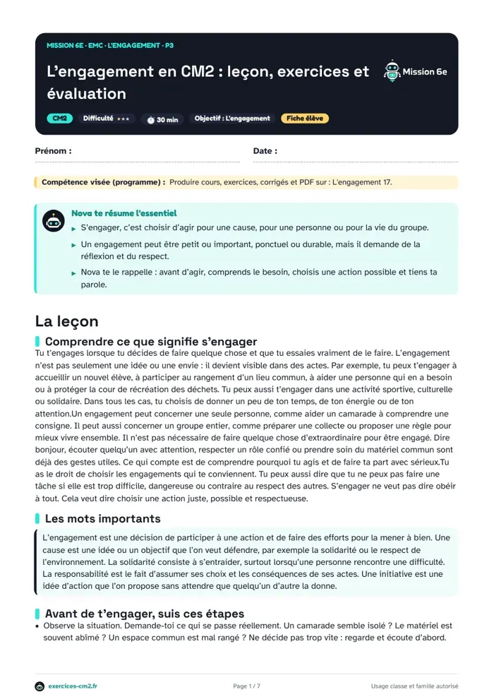 Aperçu du PDF à imprimer : L'engagement en CM2 : leçon, exercices et évaluation