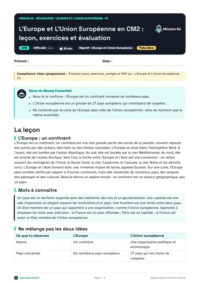 Aperçu du PDF à imprimer : L'Europe et l'Union européenne en CM2 : leçon, exercices et évaluation