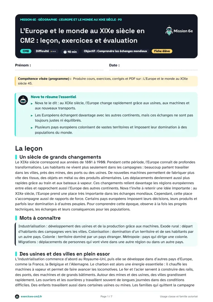Aperçu du PDF à imprimer : L’Europe et le monde au XIXe siècle en CM2 : leçon, exercices et évaluation