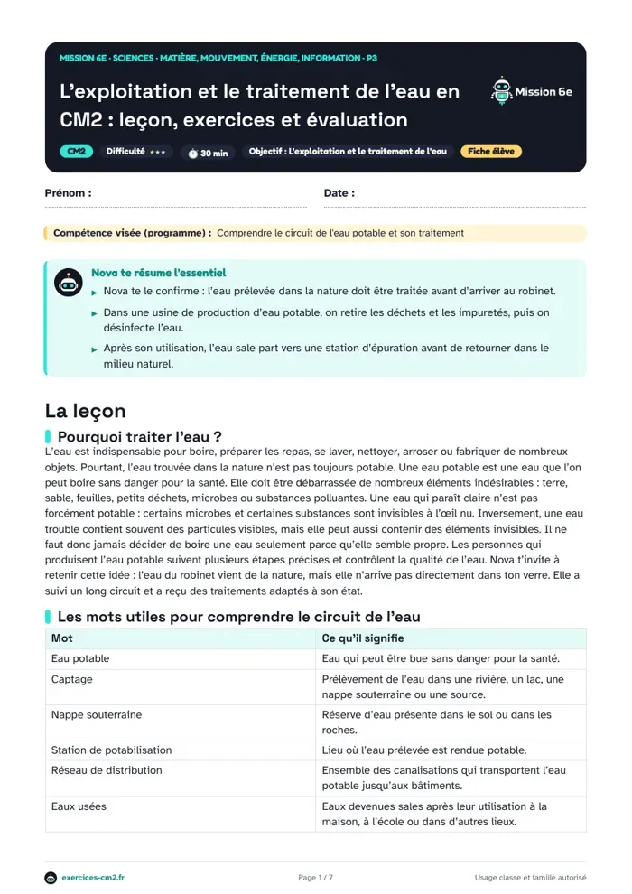 Aperçu du PDF à imprimer : L'exploitation et le traitement de l'eau en CM2 : leçon, exercices et évaluation