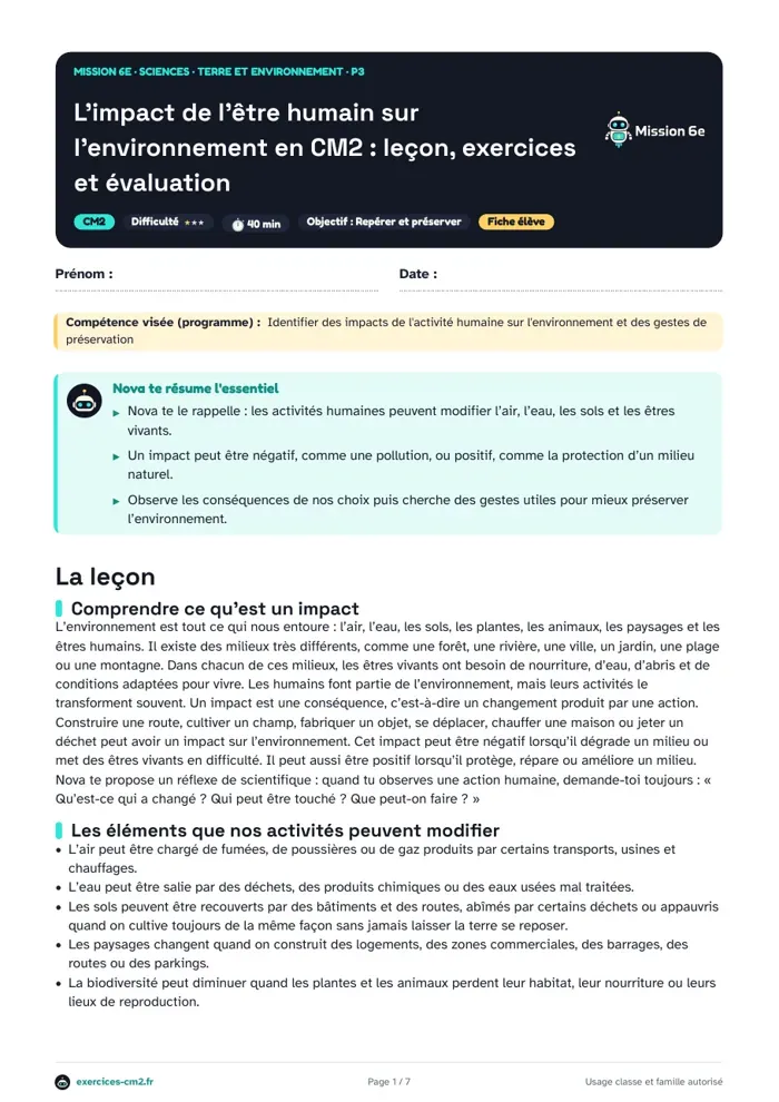 Aperçu du PDF à imprimer : L’impact de l’être humain sur l’environnement en CM2 : leçon, exercices et évaluation