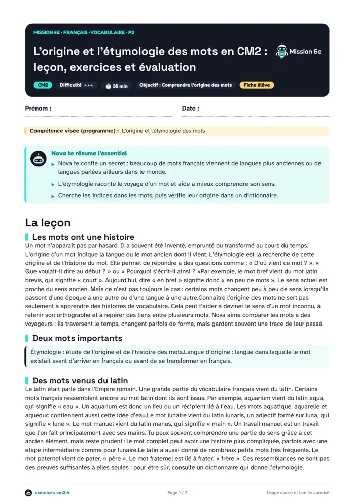 Aperçu du PDF à imprimer : L’origine et l’étymologie des mots en CM2 : leçon, exercices et évaluation