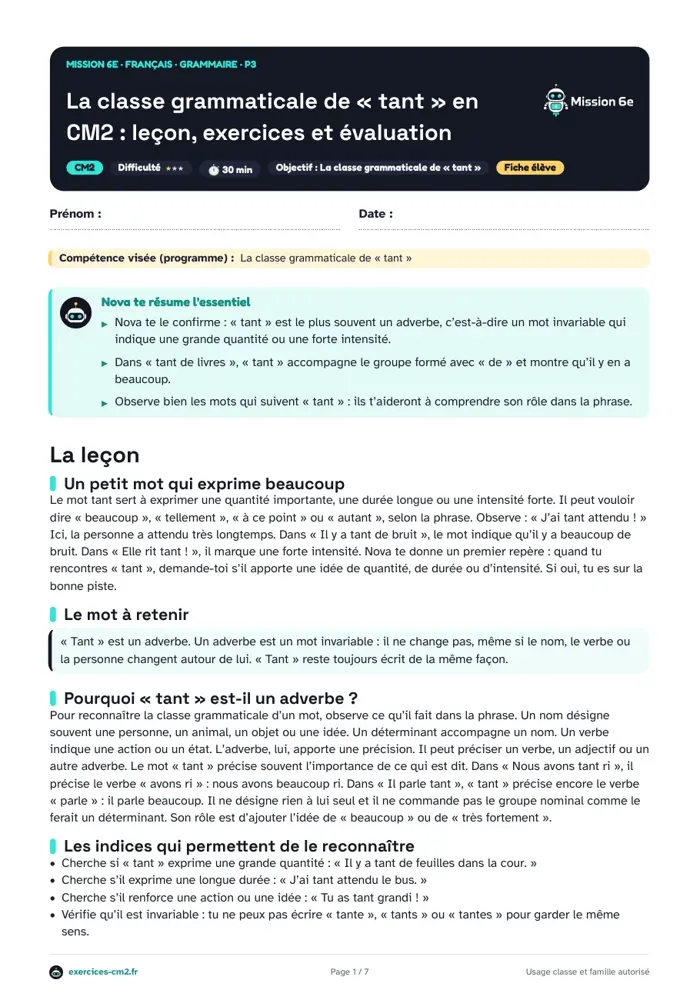 Aperçu du PDF à imprimer : La classe grammaticale de « tant » en CM2 : leçon, exercices et évaluation