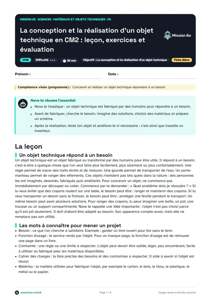 Aperçu du PDF à imprimer : La conception et la réalisation d'un objet technique en CM2 : leçon, exercices et évaluation