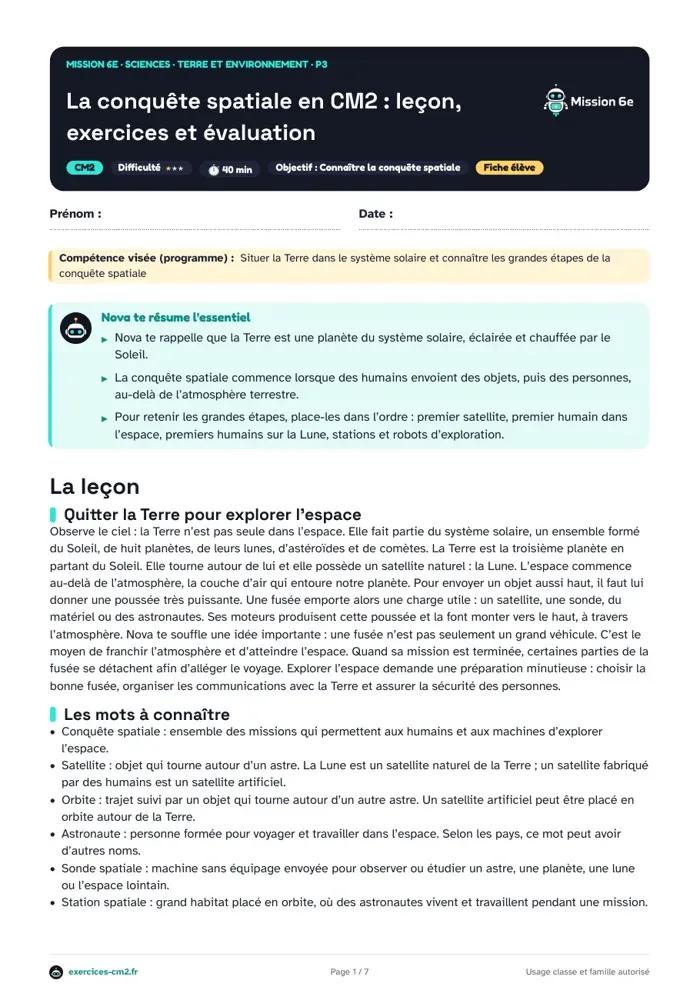 Aperçu du PDF à imprimer : La conquête spatiale en CM2 : leçon, exercices et évaluation