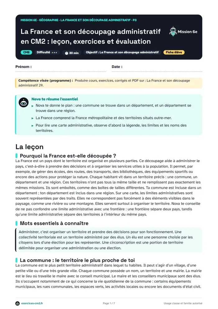 Aperçu du PDF à imprimer : La France et son découpage administratif en CM2 : leçon, exercices et évaluation