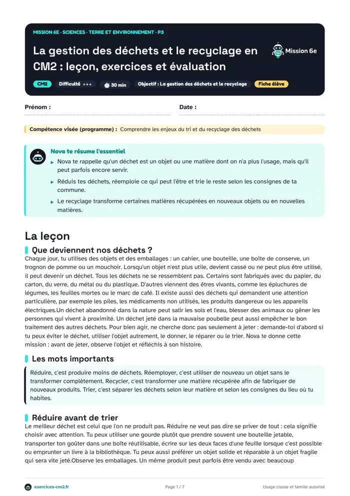 Aperçu du PDF à imprimer : La gestion des déchets et le recyclage en CM2 : leçon, exercices et évaluation