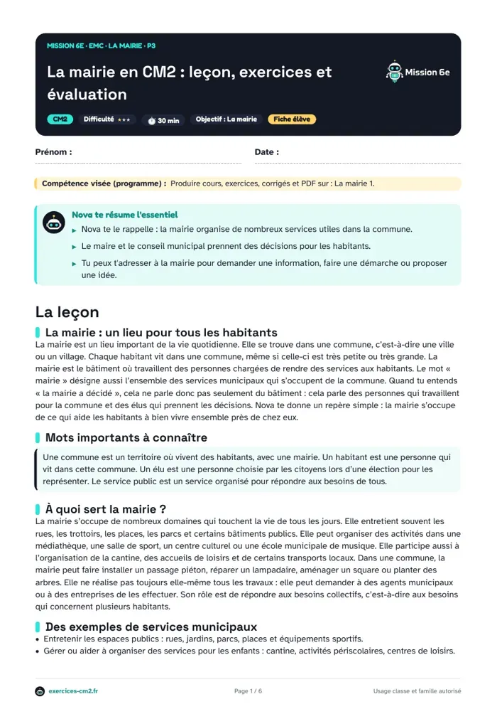 Aperçu du PDF à imprimer : La mairie en CM2 : leçon, exercices et évaluation