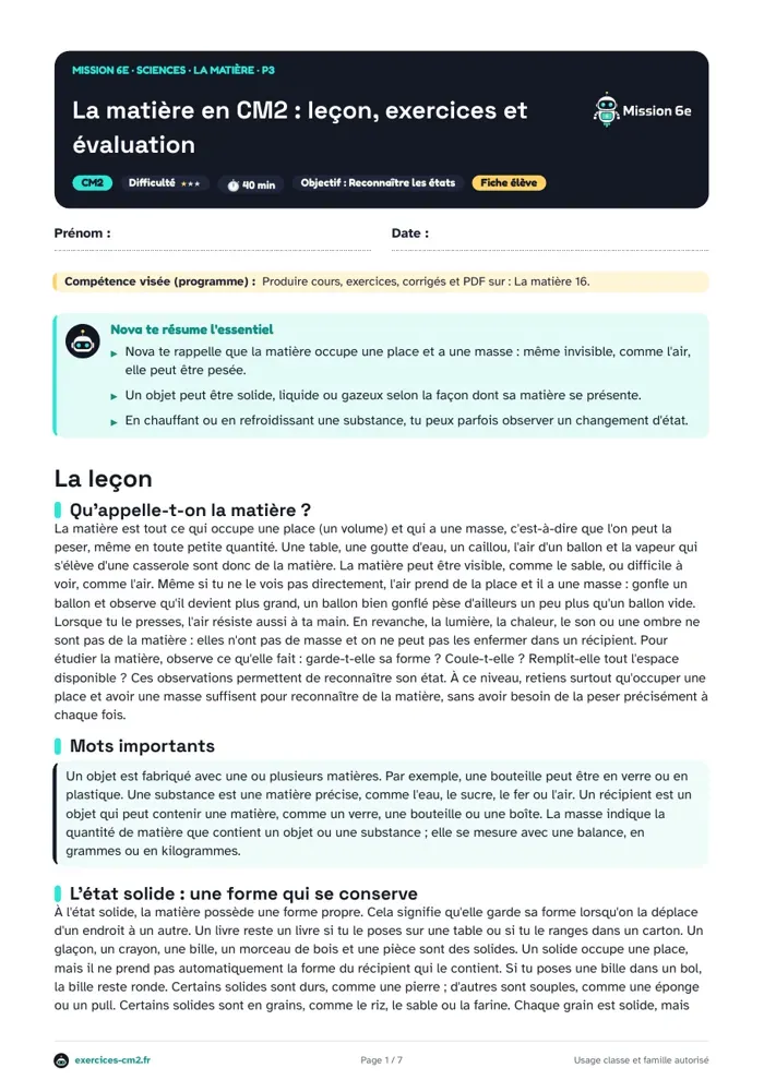 Aperçu du PDF à imprimer : Nommer les changements d’état de la matière en CM2 : fusion, vaporisation