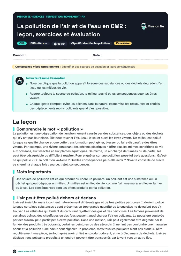 Aperçu du PDF à imprimer : La pollution de l’air et de l’eau en CM2 : leçon, exercices et évaluation