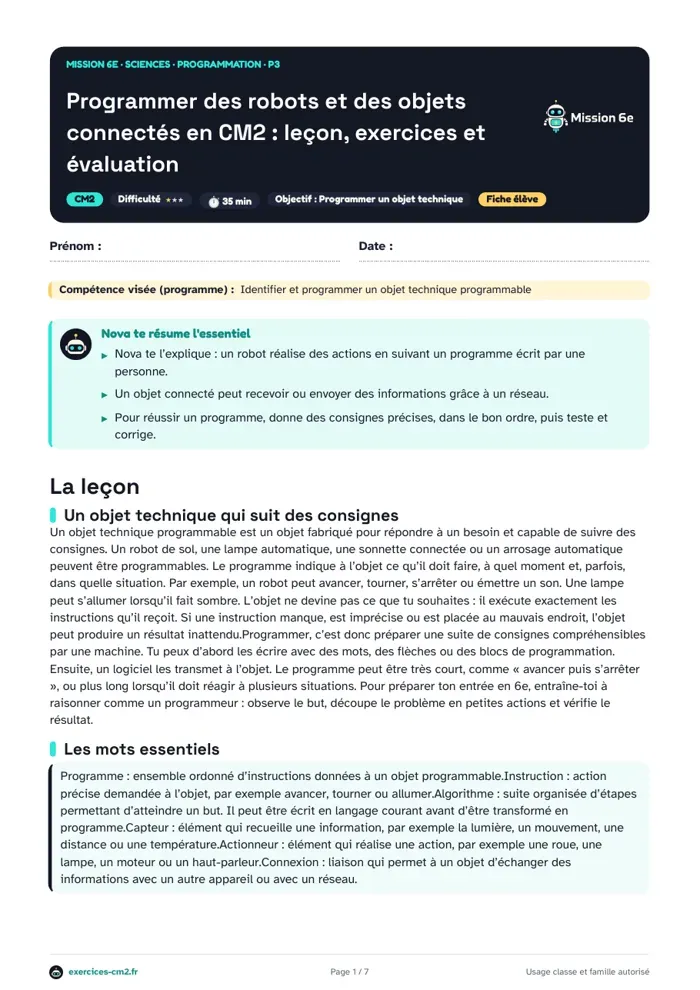 Aperçu du PDF à imprimer : Programmer des robots et des objets connectés en CM2 : leçon, exercices et évaluation