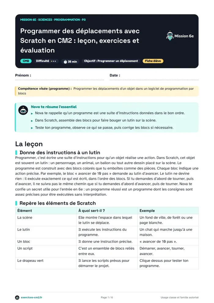 Aperçu du PDF à imprimer : Programmer des déplacements avec Scratch en CM2 : leçon, exercices et évaluation