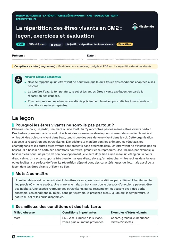 Aperçu du PDF à imprimer : La répartition des êtres vivants en CM2 : leçon, exercices et évaluation