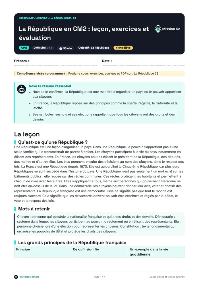 Aperçu du PDF à imprimer : Histoire et institutions de la République en CM2 : 1789, 1792, Parlement