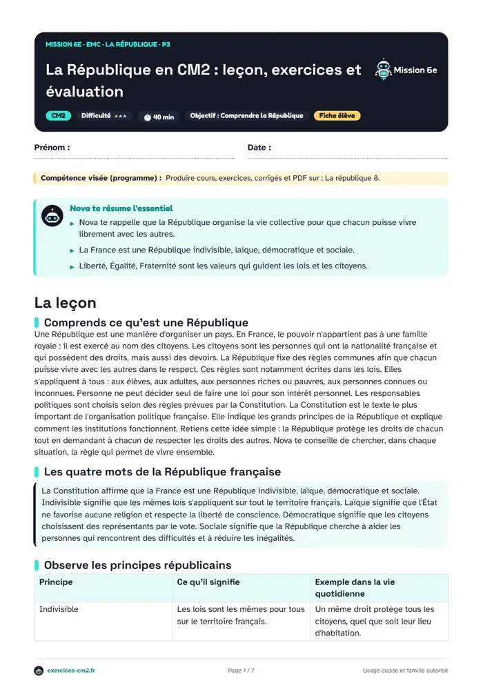 Aperçu du PDF à imprimer : Agir en citoyen dans la République en CM2 : égalité ou équité au quotidien