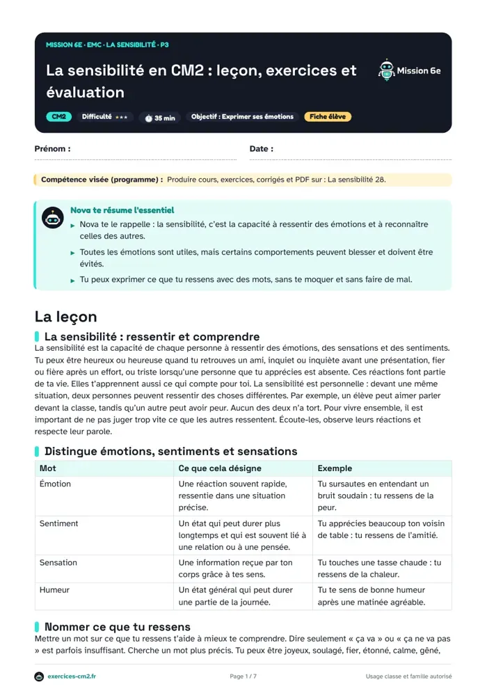 Aperçu du PDF à imprimer : La sensibilité en CM2 : leçon, exercices et évaluation