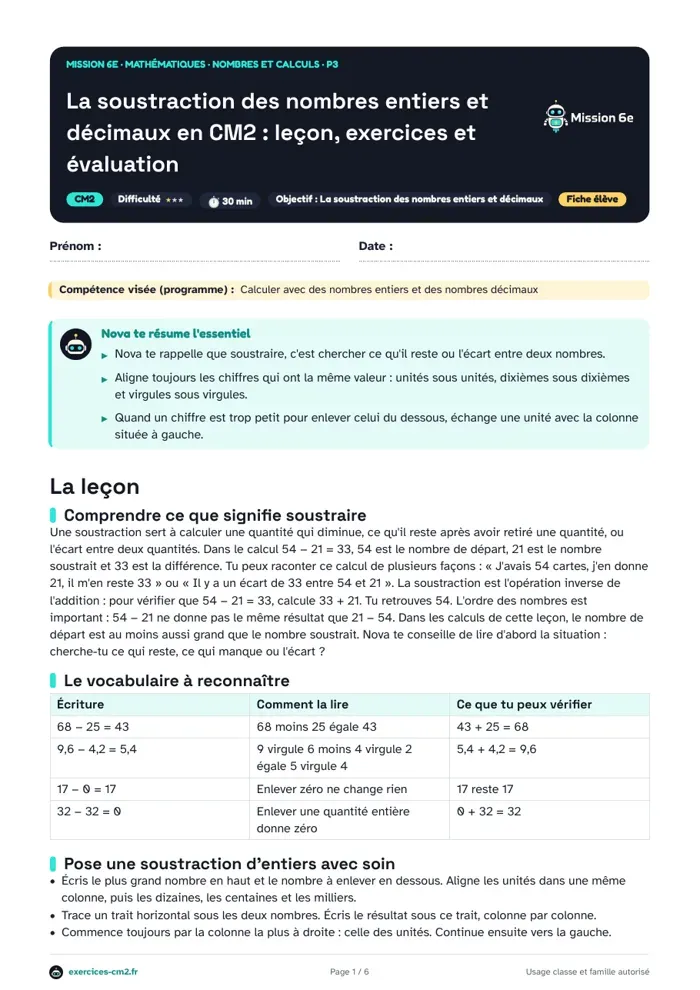 Aperçu du PDF à imprimer : La soustraction des nombres entiers et décimaux en CM2 : leçon, exercices et évaluation