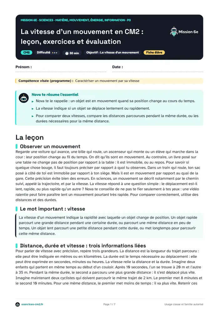 Aperçu du PDF à imprimer : La vitesse d'un mouvement en CM2 : leçon, exercices et évaluation