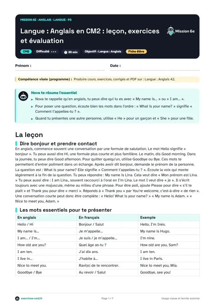 Aperçu du PDF à imprimer : Saluer, dire son prénom et son âge en anglais au CM2 : hello, my name is