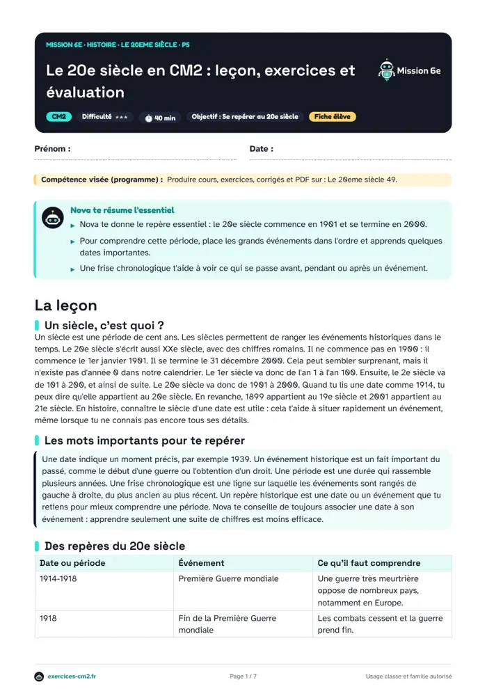 Aperçu du PDF à imprimer : Situer un événement dans le 20e siècle en CM2 : avant, après ou pendant