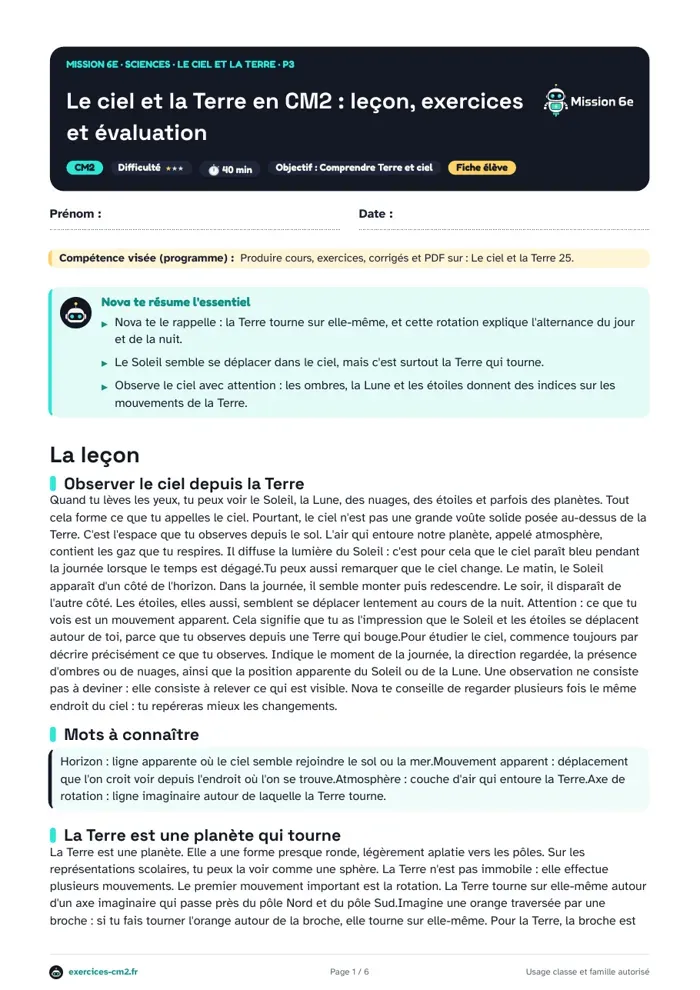 Aperçu du PDF à imprimer : Le ciel et la Terre en CM2 : leçon, exercices et évaluation