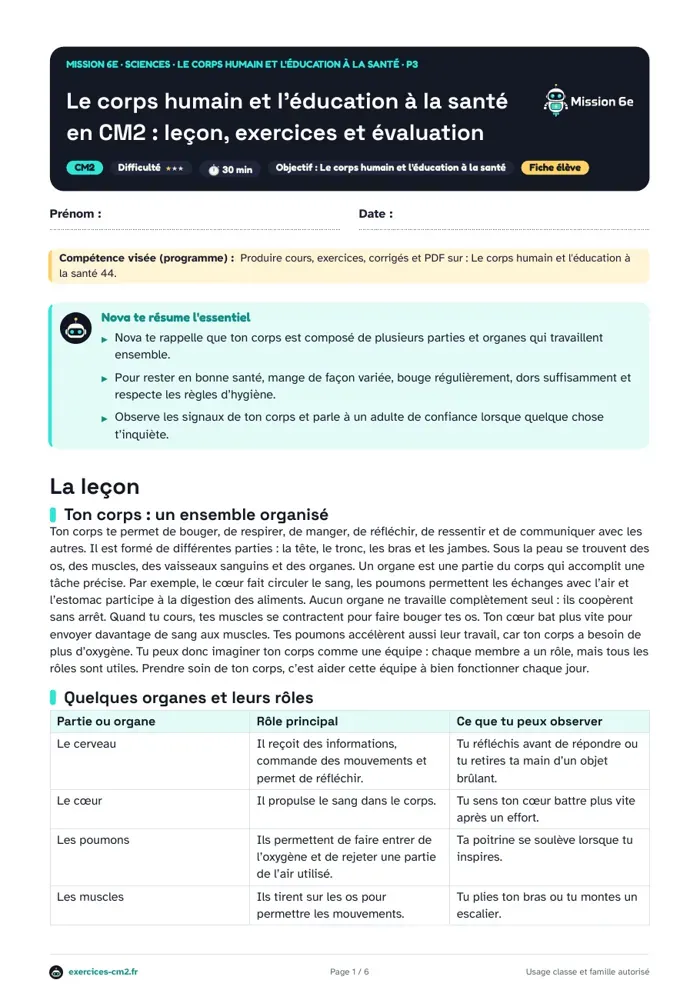 Aperçu du PDF à imprimer : Le corps humain et l'éducation à la santé en CM2 : leçon, exercices et évaluation