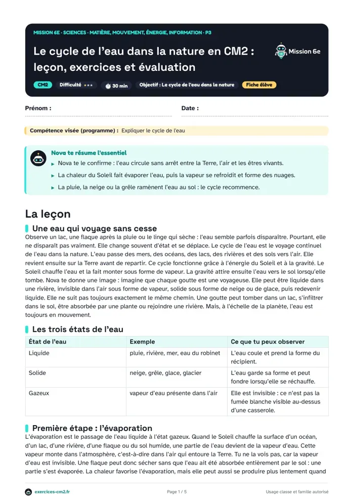 Aperçu du PDF à imprimer : Le cycle de l'eau dans la nature en CM2 : leçon, exercices et évaluation