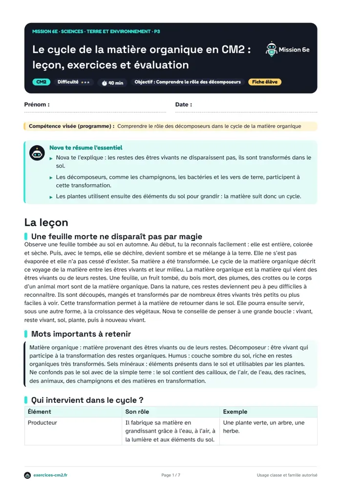 Aperçu du PDF à imprimer : Le cycle de la matière organique en CM2 : leçon, exercices et évaluation