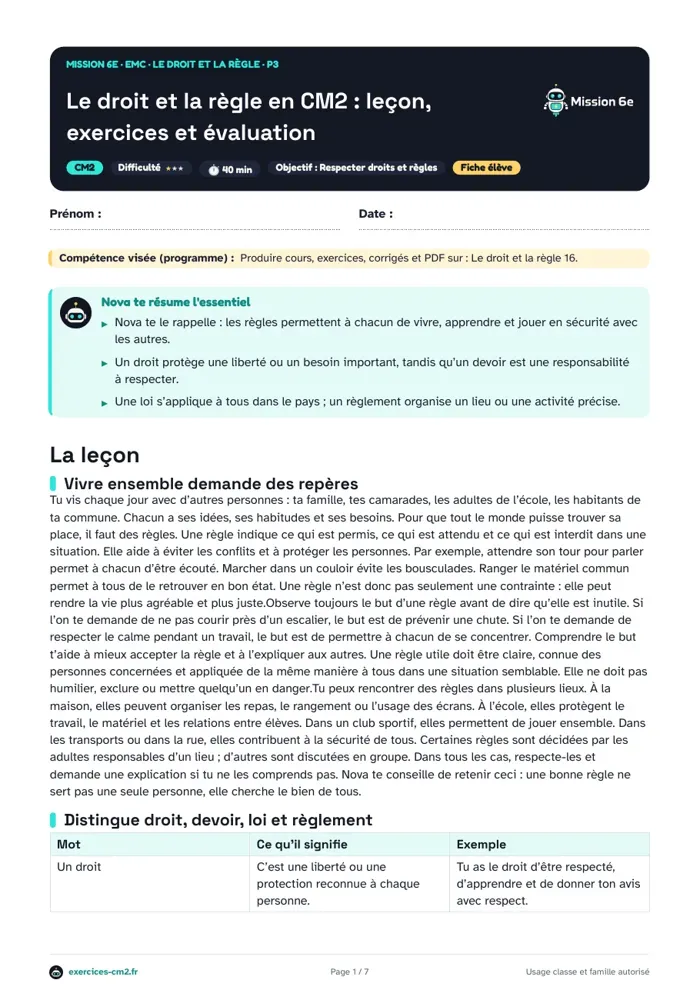 Aperçu du PDF à imprimer : Le droit et la règle en CM2 : leçon, exercices et évaluation