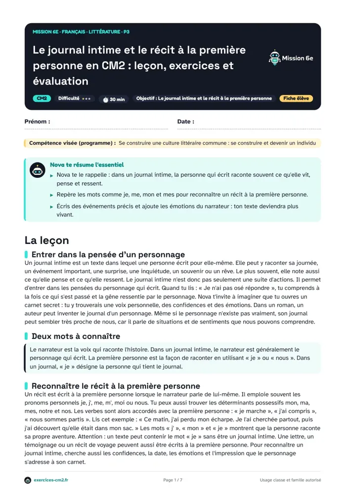 Aperçu du PDF à imprimer : Le journal intime et le récit à la première personne en CM2 : leçon, exercices et évaluation