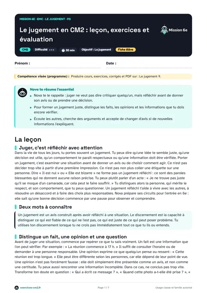 Aperçu du PDF à imprimer : Le jugement en CM2 : leçon, exercices et évaluation