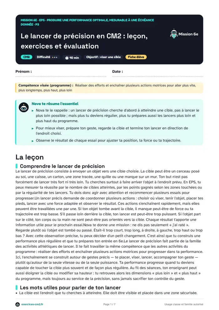 Aperçu du PDF à imprimer : Le lancer de précision en CM2 : leçon, exercices et évaluation