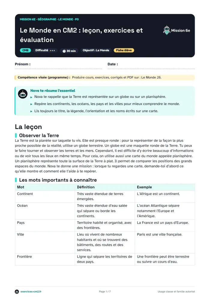 Aperçu du PDF à imprimer : Le monde en CM2 : leçon, exercices et évaluation
