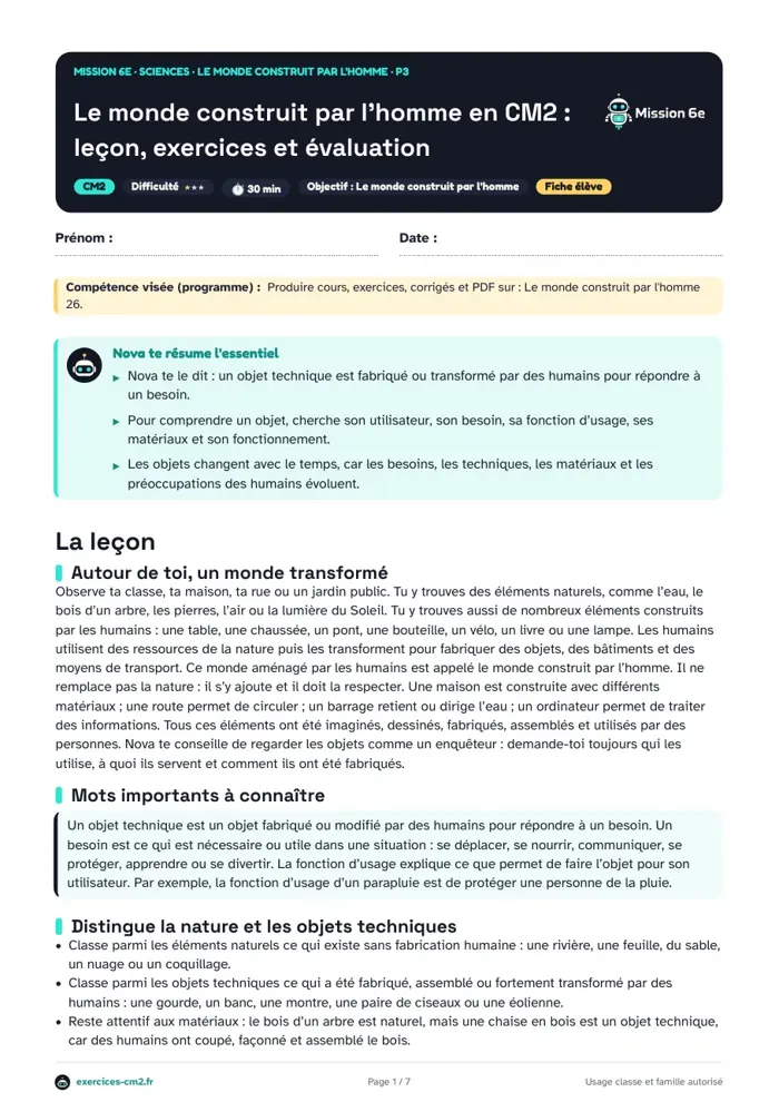 Aperçu du PDF à imprimer : Le monde construit par l'homme en CM2 : leçon, exercices et évaluation