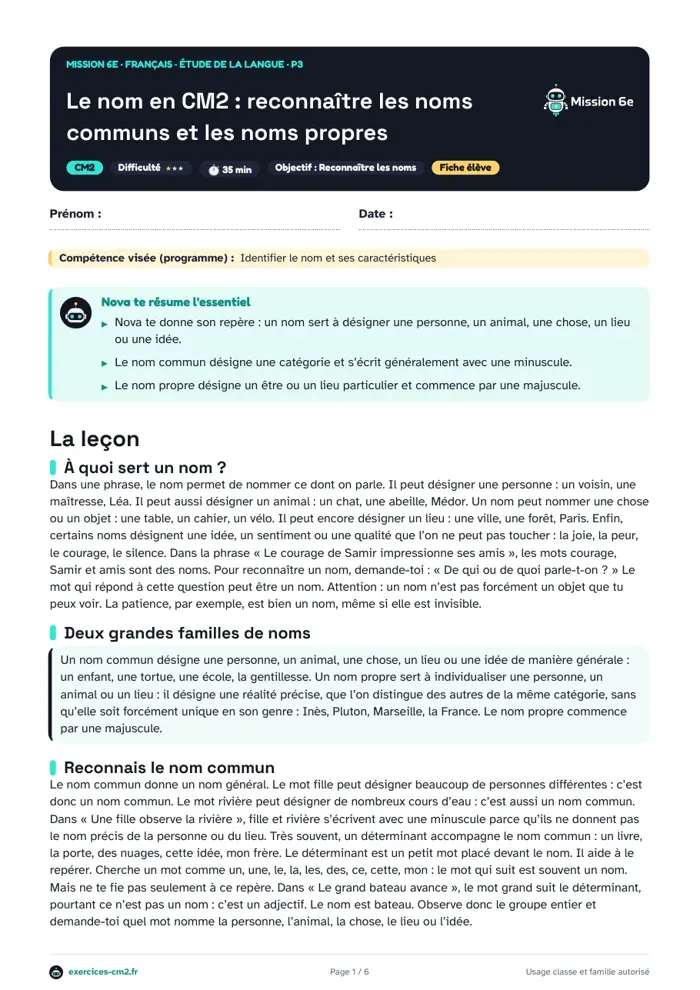 Aperçu du PDF à imprimer : Le nom en CM2 : reconnaître les noms communs et les noms propres