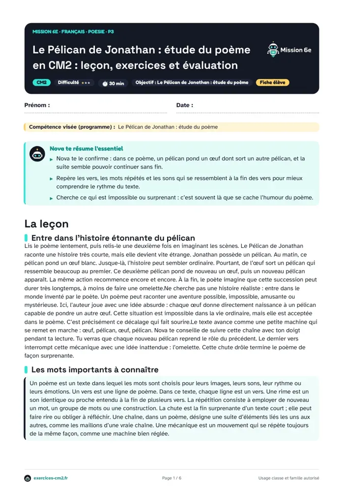 Aperçu du PDF à imprimer : Le Pélican de Jonathan en CM2 : étude du poème, leçon, exercices et évaluation