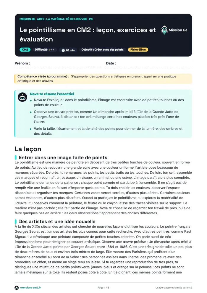 Aperçu du PDF à imprimer : Le pointillisme en CM2 : leçon, exercices et évaluation